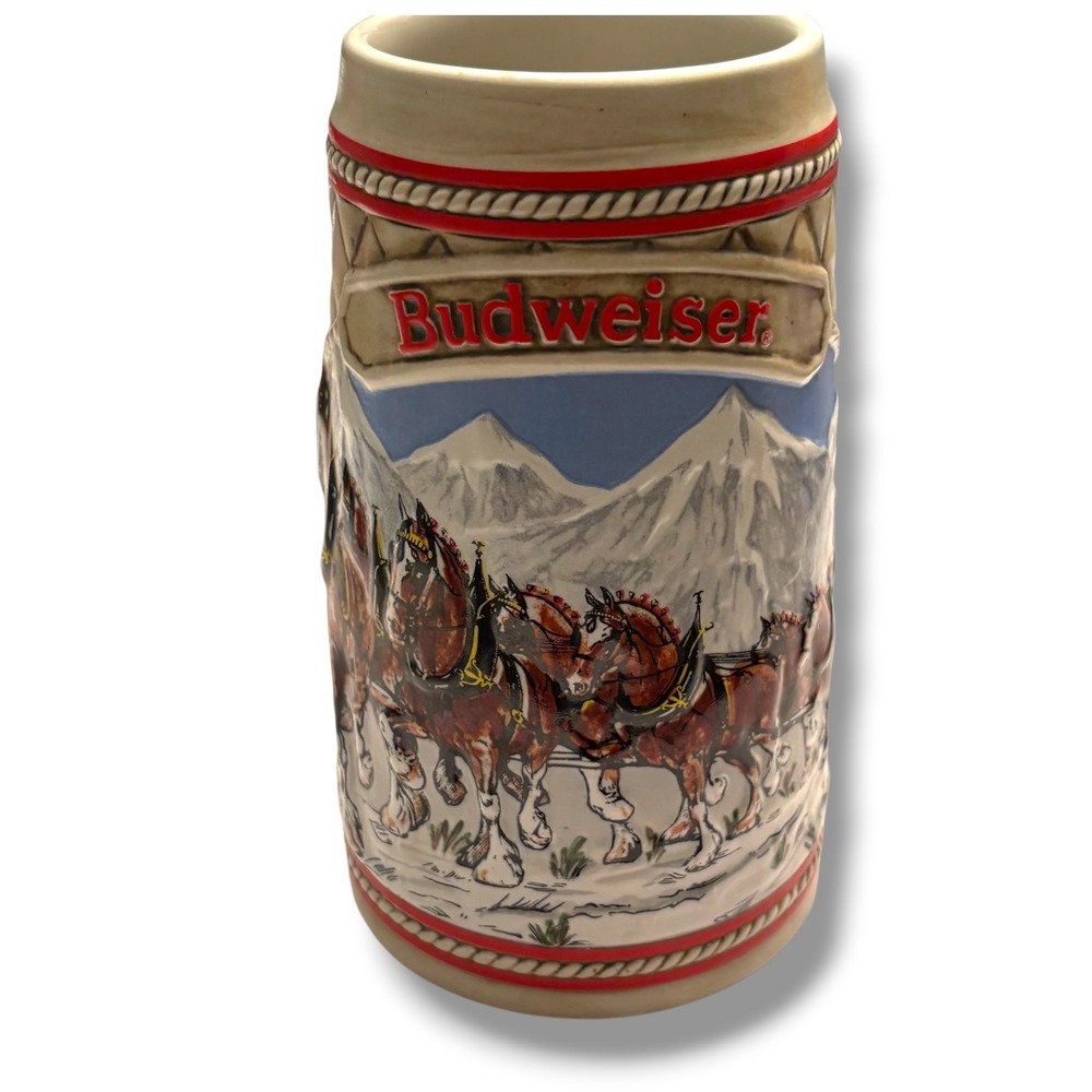 Vintage Budweiser 1985 Holiday Beer Stein Clydesdales Winter Scene A Series - Picture 2 of 6